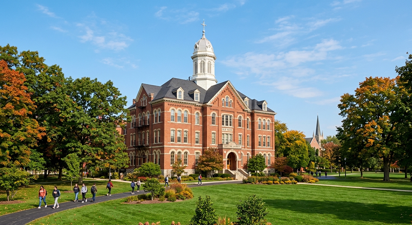 Historic Old Main building at North Park University with its iconic cupola, red brick facade, surrounded by mature trees and green lawns on a clear day