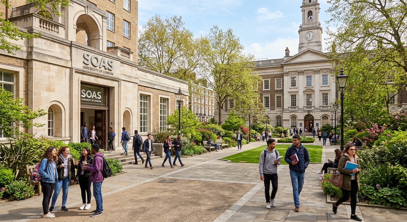 SOAS University of London campus with the iconic Russell Square building, students walking through the courtyard surrounded by historic architecture and lush greenery in central London