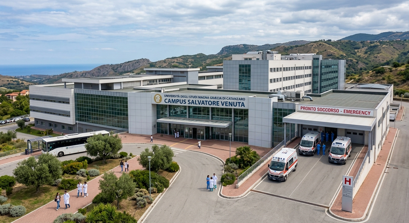 University hospital building at Magna Graecia University Catanzaro, modern medical facility exterior, ambulance entrance, clinical teaching environment