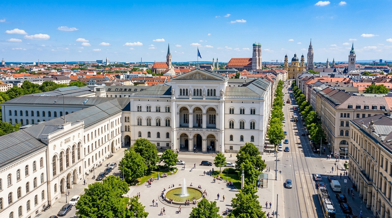 Wide aerial view of the Ludwig Maximilian University of Munich main building on Geschwister-Scholl-Platz, neoclassical facade with arched entrance, Ludwigstrasse boulevard, Munich cityscape with church spires in background, clear blue sky