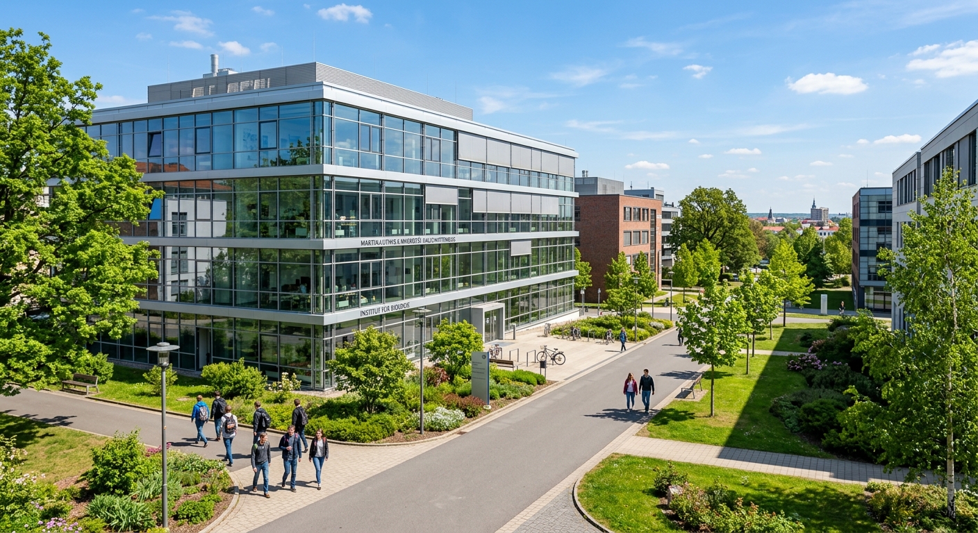 Weinberg Campus at Martin Luther University Halle-Wittenberg, modern biology research building with glass facade, green landscaping, students walking between faculty buildings on a sunny day in Halle (Saale), Germany
