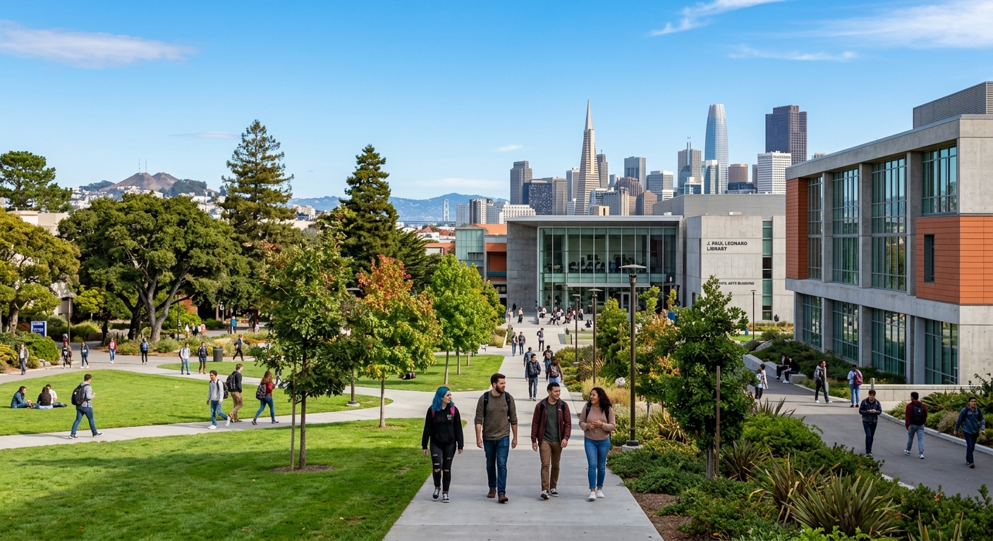 San Francisco State University campus with modern academic buildings, lush green lawns, and the San Francisco skyline visible in the background under clear blue skies, students walking along pathways