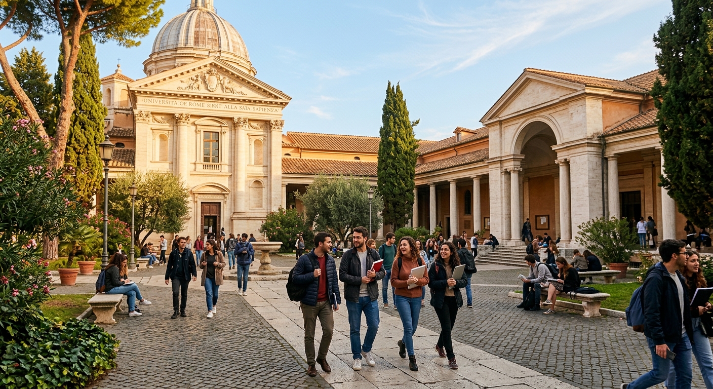 Modern university campus in Rome Italy with classical architecture in the background, students walking through a sunlit courtyard, Mediterranean vegetation, warm golden light, academic atmosphere