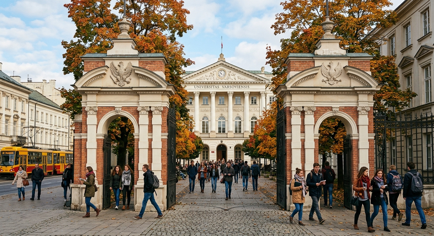 University of Warsaw Main Campus gate and Kazimierzowski Palace, neoclassical white facade with columns, students walking through the courtyard, autumn trees, historic Warsaw streetscape