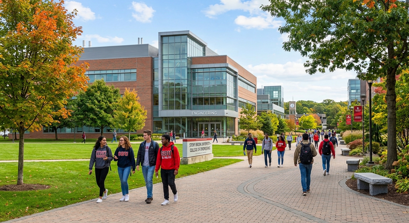 Stony Brook University campus with modern engineering and technology buildings, students walking along tree-lined pathways, suburban Long Island setting with green lawns and contemporary architecture