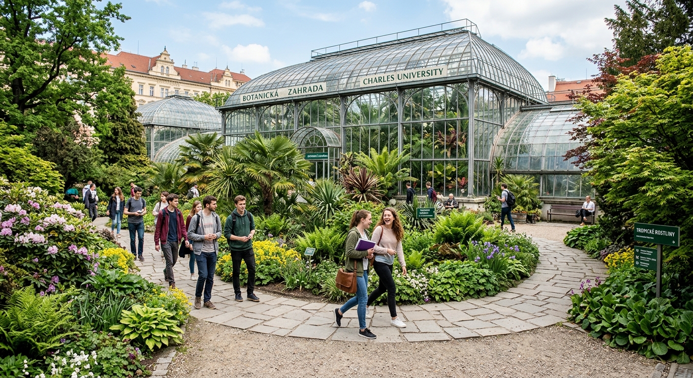 Charles University botanical garden in Prague, lush green plants and exotic species in glass greenhouses, winding garden paths with students walking