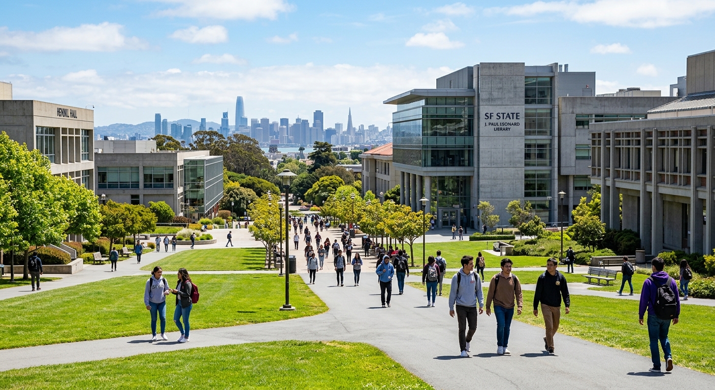 San Francisco State University campus with green lawns and modern academic buildings, students walking along pathways with San Francisco skyline visible in the background, sunny California day
