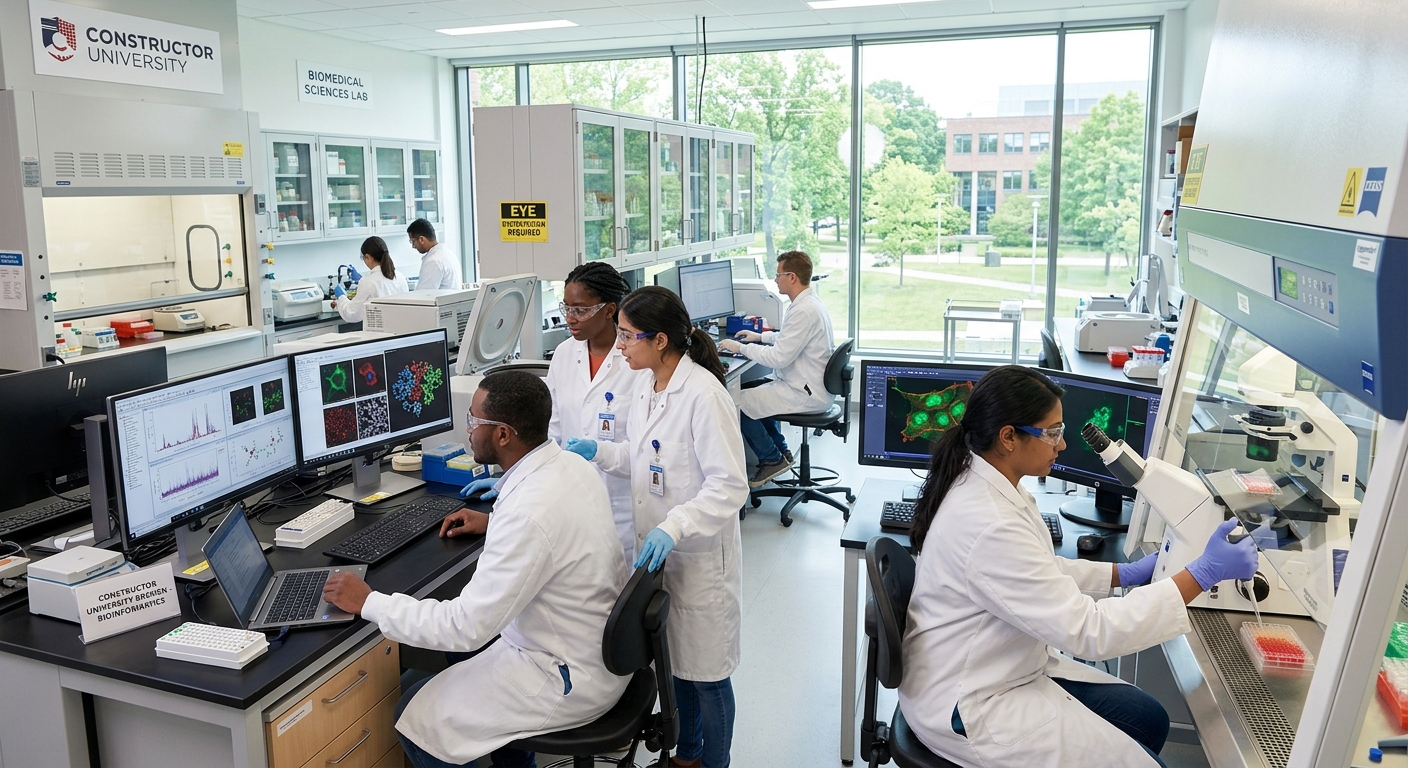 Modern research laboratory at Constructor University Bremen campus, graduate students working with computational equipment and biological samples, bright open lab space with advanced microscopy and bioinformatics workstations, natural light streaming through large windows
