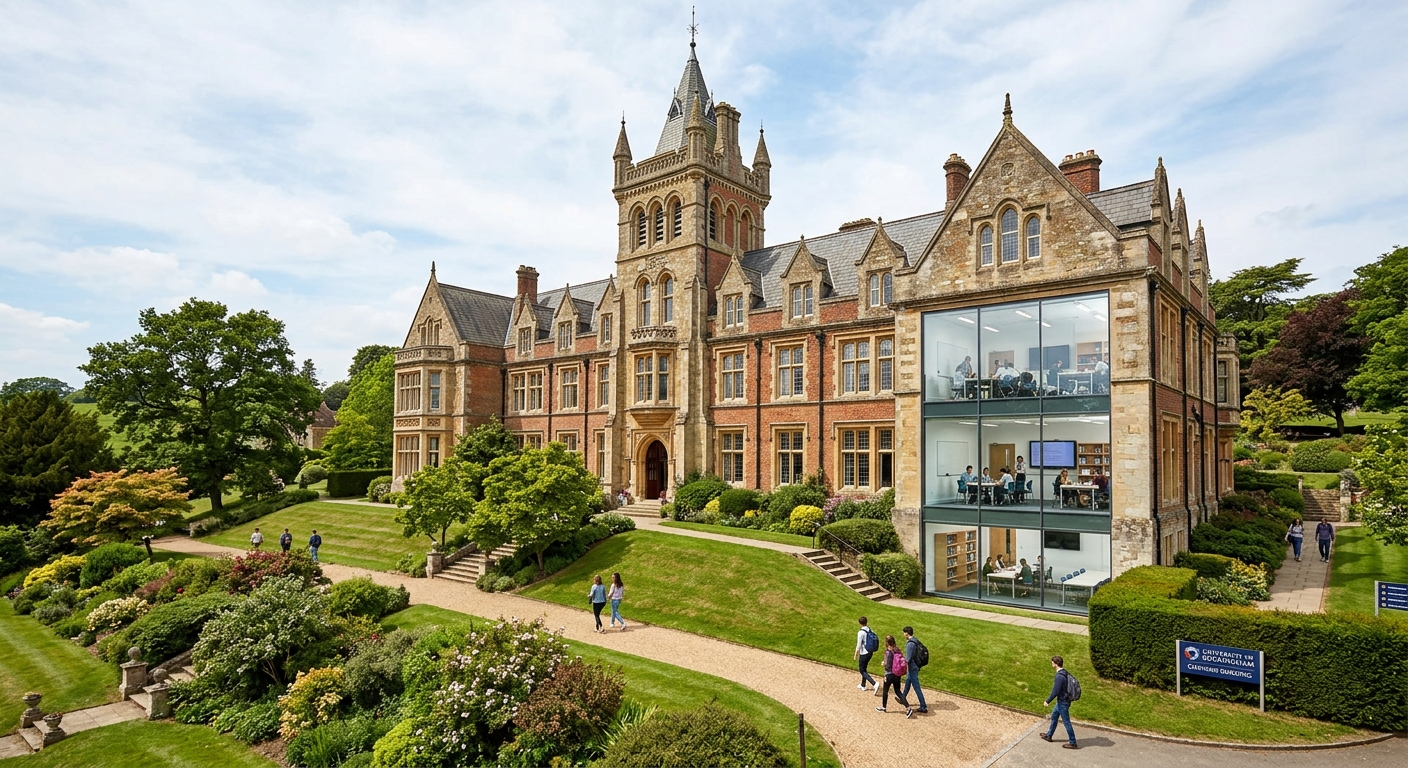 University of Buckingham Chandos Building, large converted Victorian building on a hillside, modern interior classrooms visible through windows, surrounding green campus grounds
