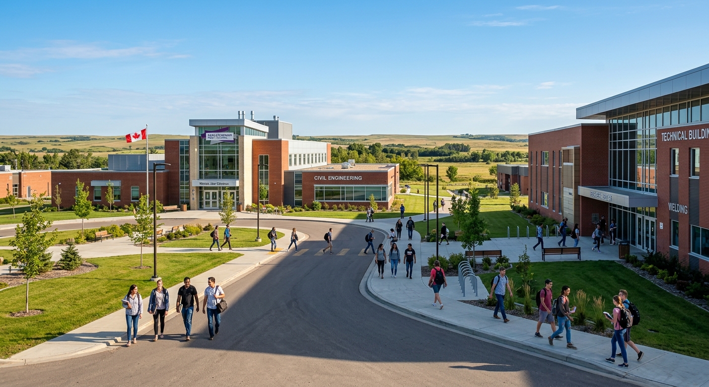 Saskatchewan Polytechnic Moose Jaw Campus with modern technical buildings, Canadian prairie landscape, students walking on pathways between engineering labs, clear blue sky