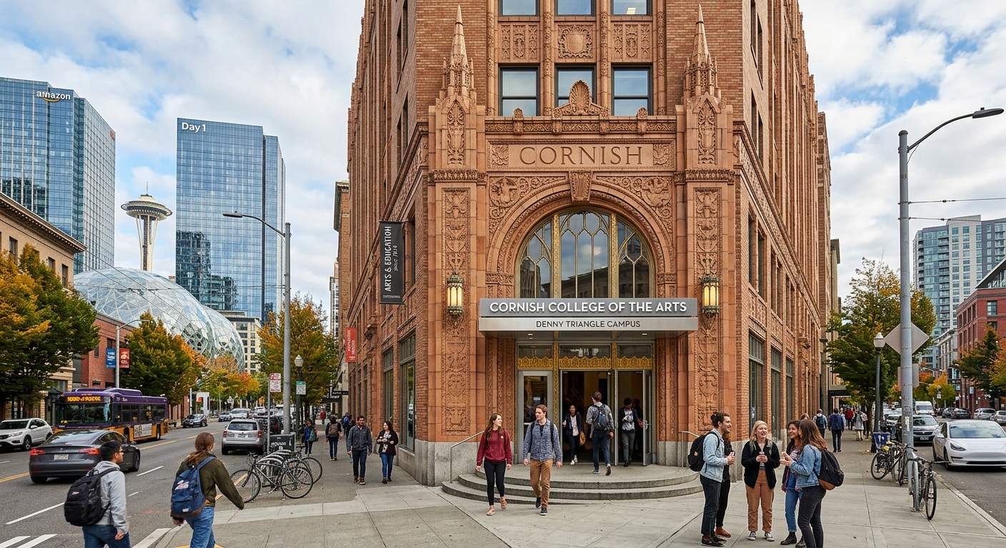 Cornish College main campus building in Denny Triangle Seattle, Art Deco facade, urban setting with students entering, modern signage, street-level view