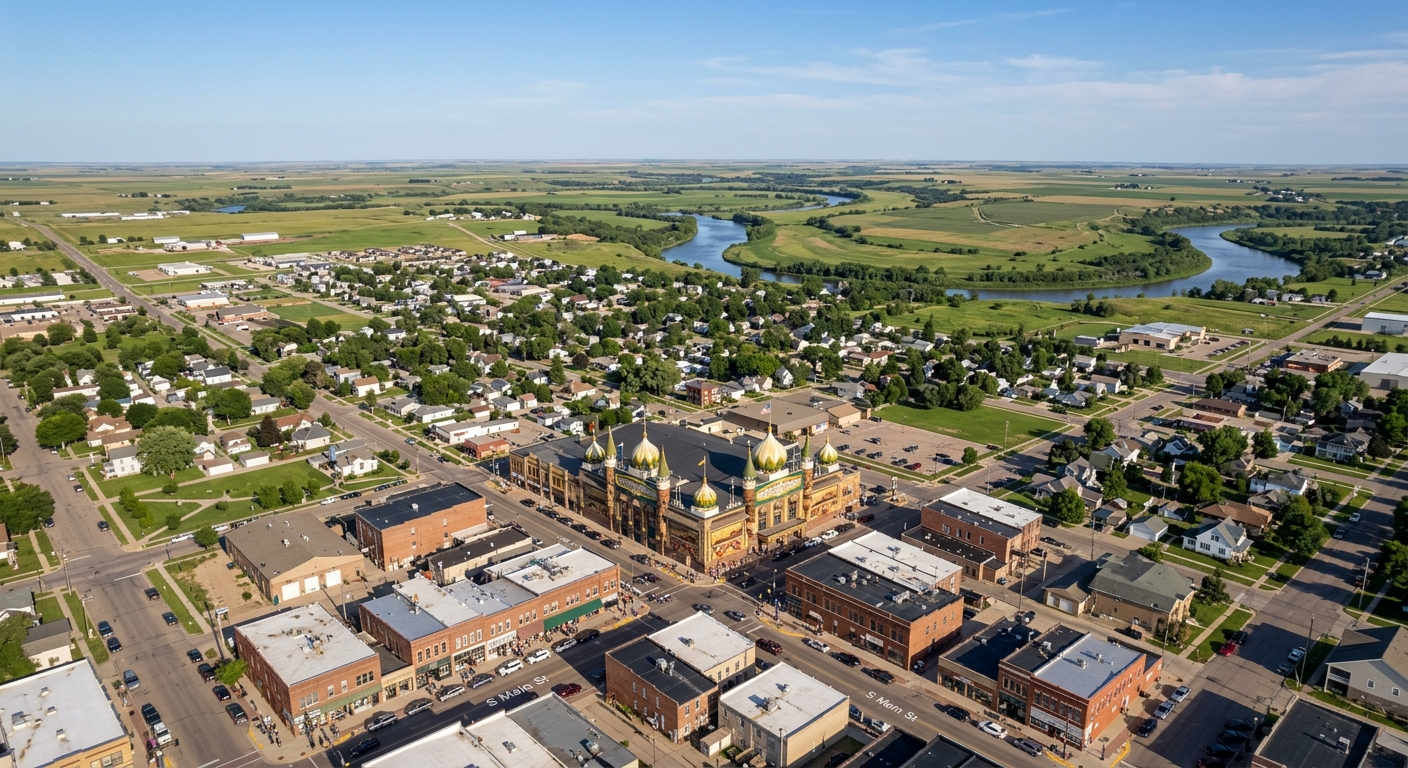 Aerial view of Mitchell, South Dakota showing the iconic Corn Palace with its Moorish domes and minarets, surrounded by the small city's Main Street, prairie landscape extending to the horizon, James River visible in the background