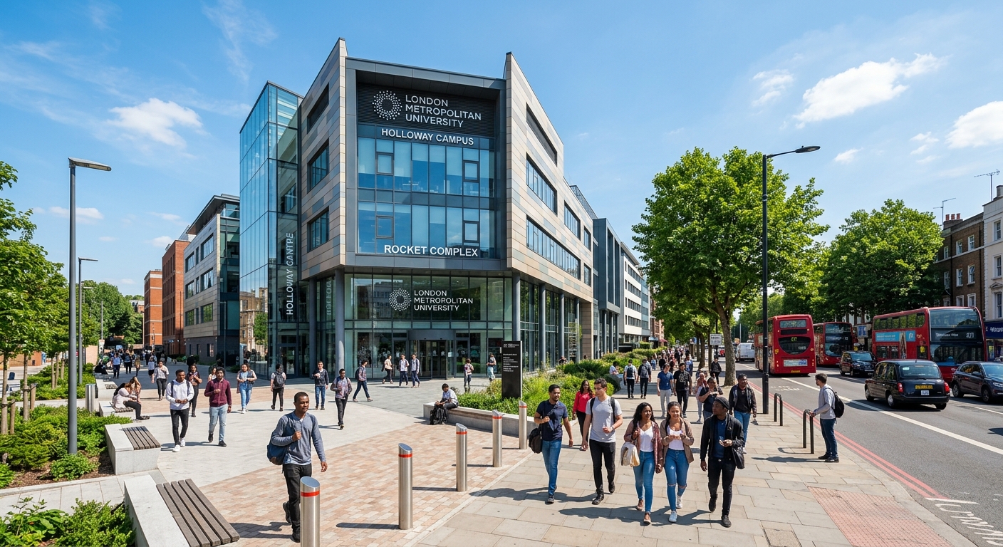 London Metropolitan University Holloway campus building exterior with modern architecture, students walking on pathways, urban London setting with trees and clear sky