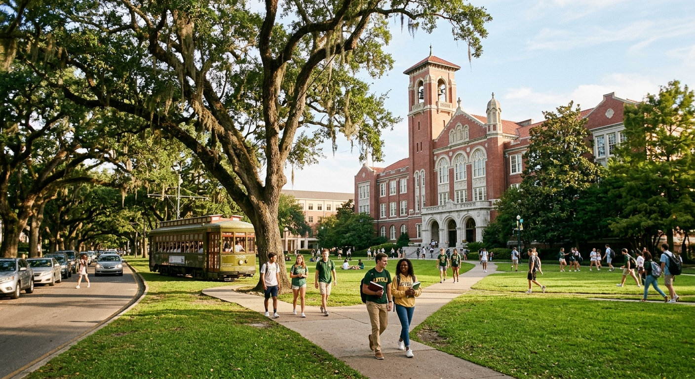 Loyola University New Orleans campus with historic Marquette Hall and oak-lined St. Charles Avenue, students walking through green campus grounds in warm Louisiana sunlight
