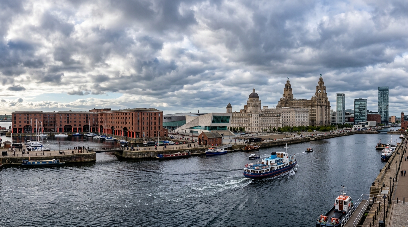 Liverpool waterfront panorama, Royal Albert Dock with red brick warehouses, Liver Building with Liver Birds, River Mersey in foreground, dramatic cloudy sky, modern and historic architecture