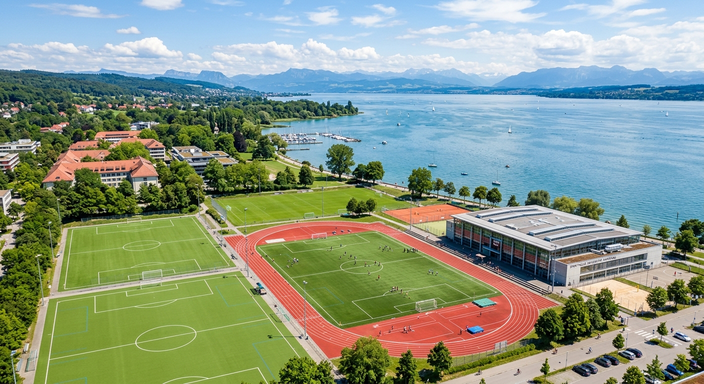 University of Konstanz lakeside sports facilities with Lake Constance in background, green fields, running tracks, and sports hall visible