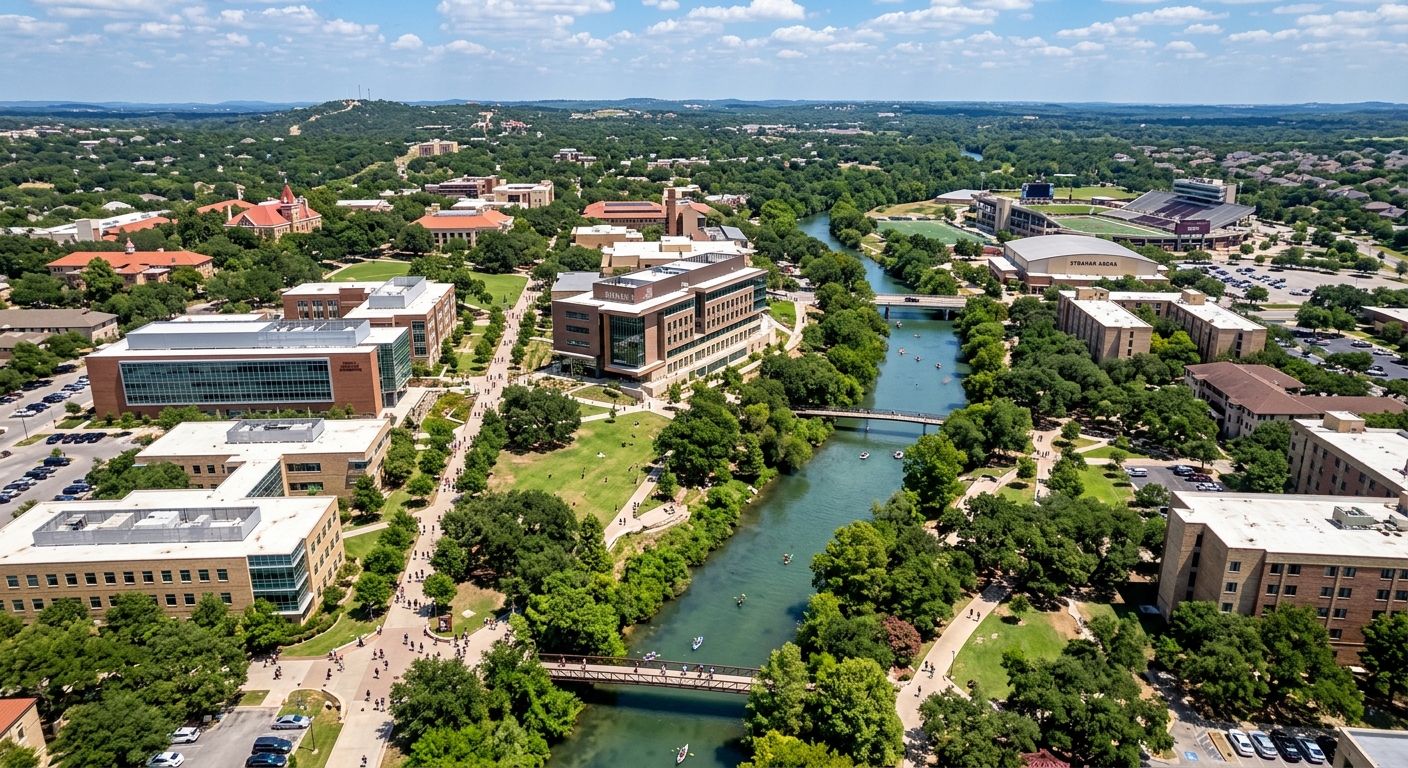 Aerial view of Texas State University campus in San Marcos with the San Marcos River flowing through lush green grounds, science buildings and research facilities visible, students walking along tree-lined pathways under a bright Texas sky