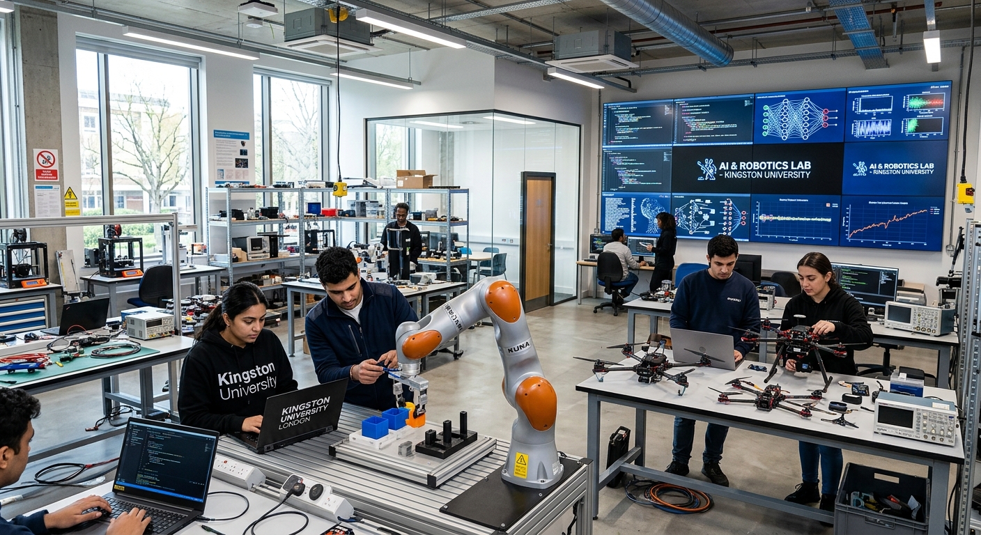 Modern robotics laboratory at Kingston University with students programming robotic arms, autonomous drones on workbenches, and large digital screens displaying AI algorithms, bright industrial-style engineering space with natural light