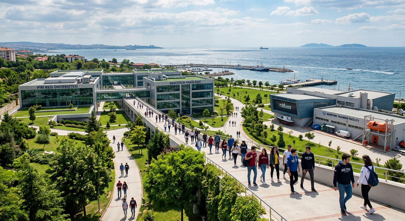 Piri Reis University green campus in Tuzla, Istanbul with modern maritime training facilities, laboratories, and the Marmara Sea coastline in the background, students walking between interconnected campus buildings