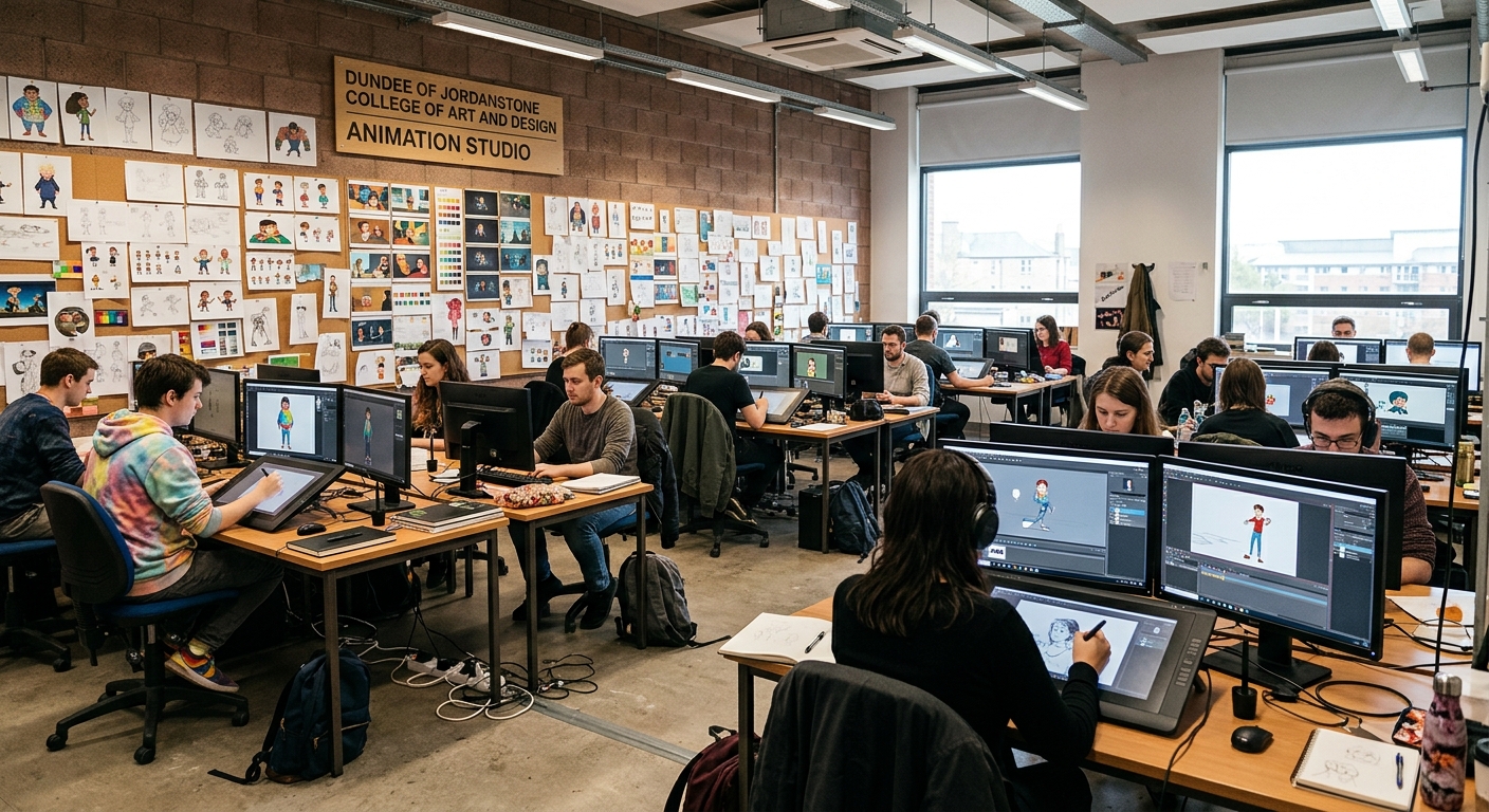 Duncan of Jordanstone College of Art and Design animation studio at University of Dundee, students working at individual workstations with drawing tablets and dual monitors, colorful character sketches and storyboards pinned to walls, bright studio lighting