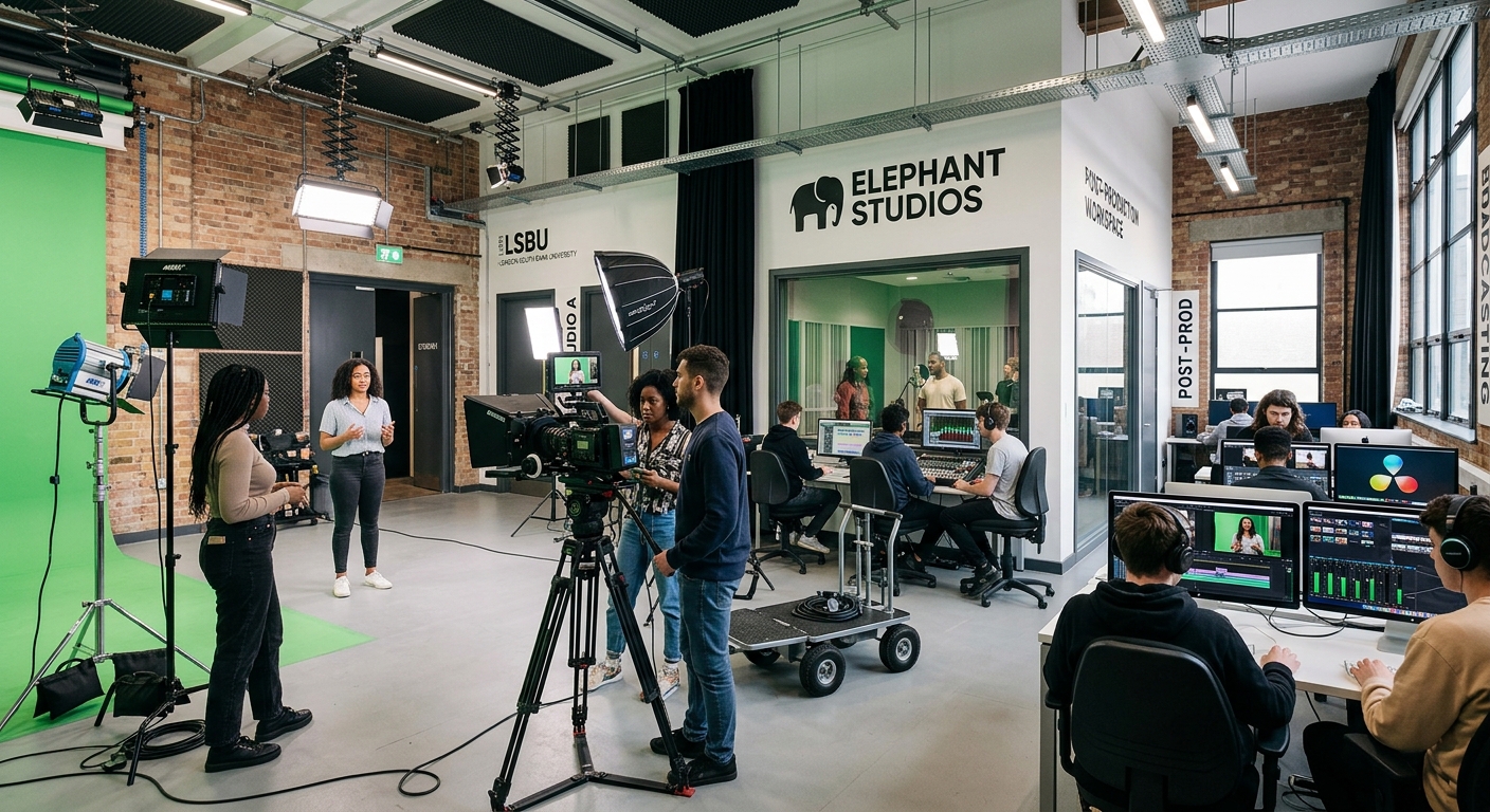 Elephant Studios media centre at LSBU, professional film and television production equipment, recording studios, creative workspace with students
