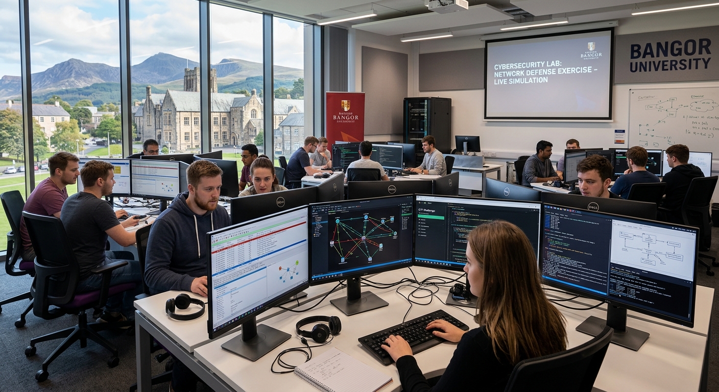 Modern university computing laboratory with students working on cybersecurity exercises, multiple monitors displaying network diagrams and code, Bangor University campus with mountains visible through windows, professional learning environment
