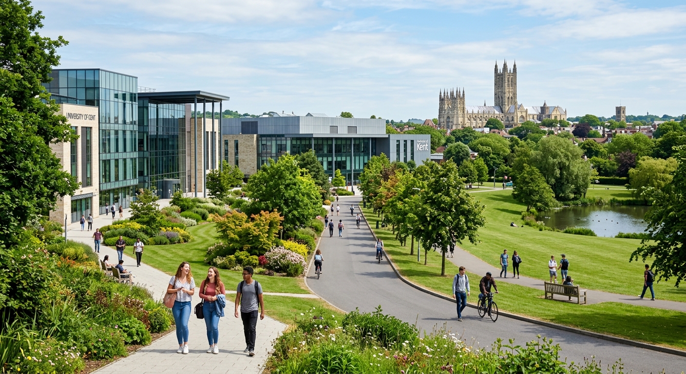 University of Kent Canterbury campus with modern academic buildings surrounded by green parkland, students walking along tree-lined paths, historic Canterbury Cathedral visible in the background, bright daylight