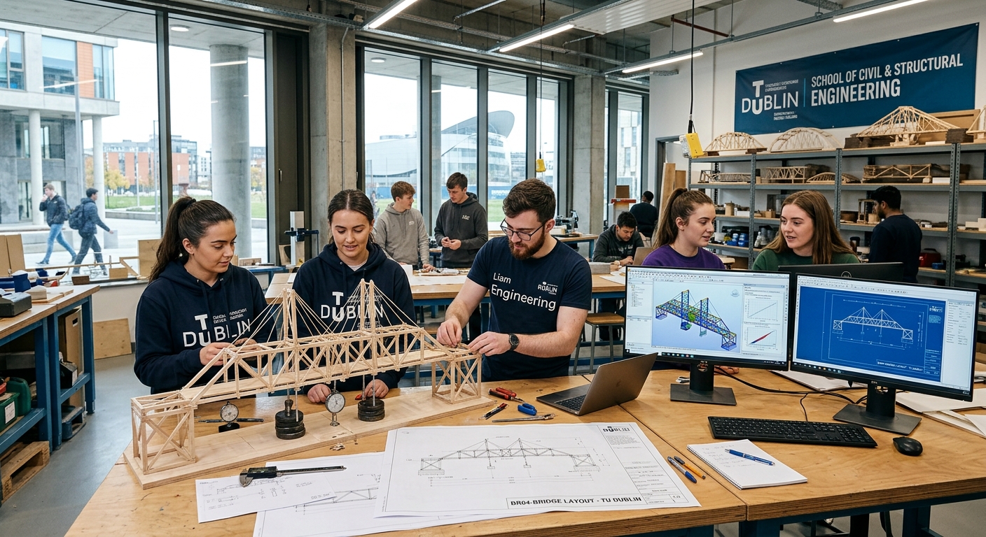 Modern civil engineering students working on structural design projects in a university laboratory at TU Dublin, with bridge models, construction blueprints, and digital analysis tools visible, bright industrial-style campus setting in Dublin Ireland