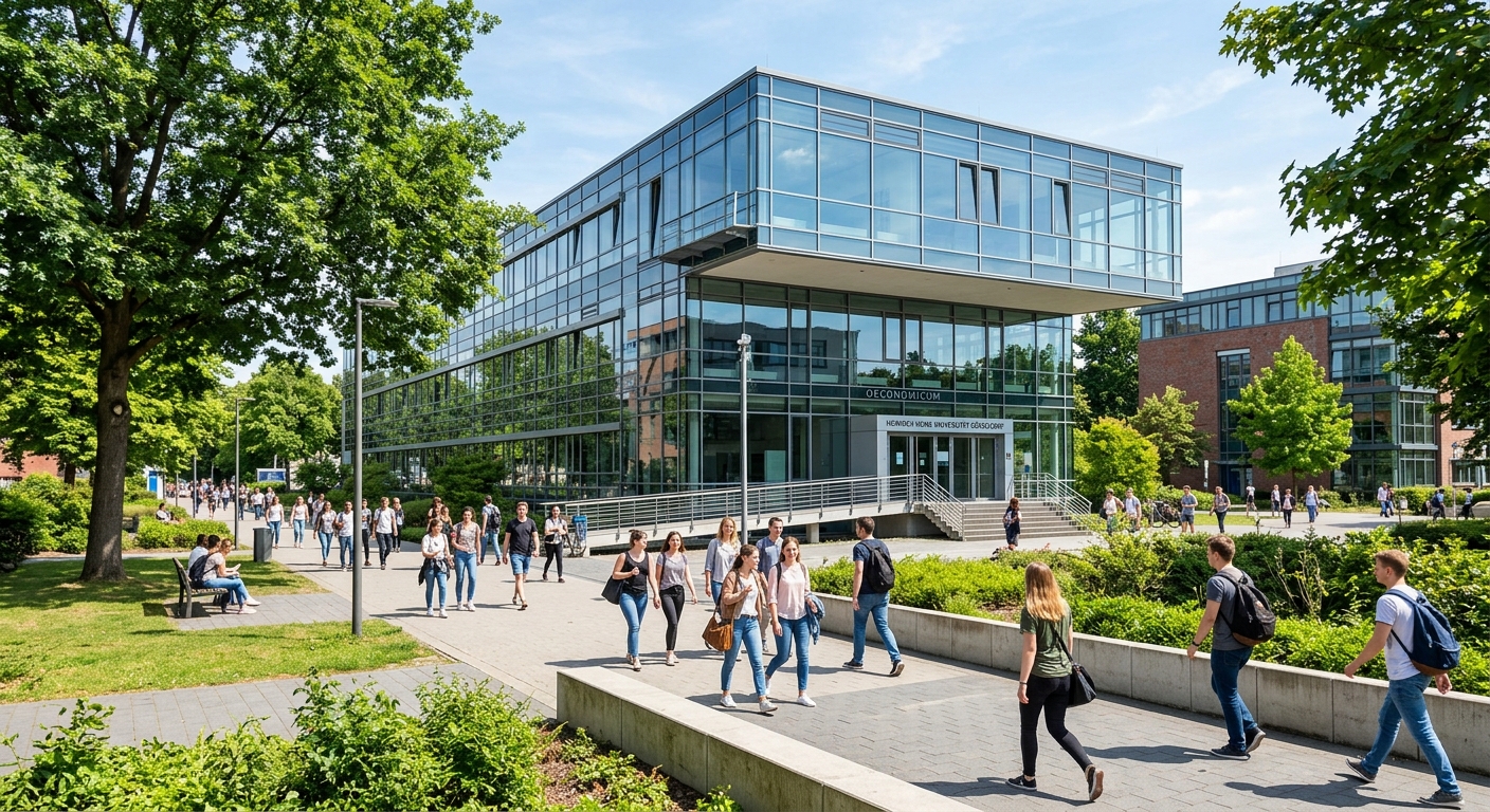 Modern Oeconomicum building at Heinrich Heine University Düsseldorf campus, glass facade with students walking between lecture halls, green trees and pathways, sunny day in the Bilk district