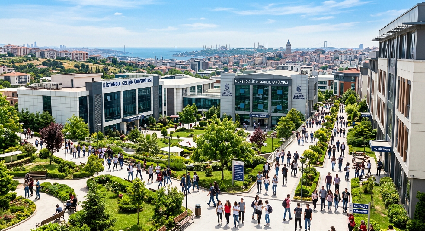 Istanbul Gelisim University campus in Avcilar district with modern faculty buildings, green courtyards, students walking between classes, Istanbul skyline in the background, bright daylight