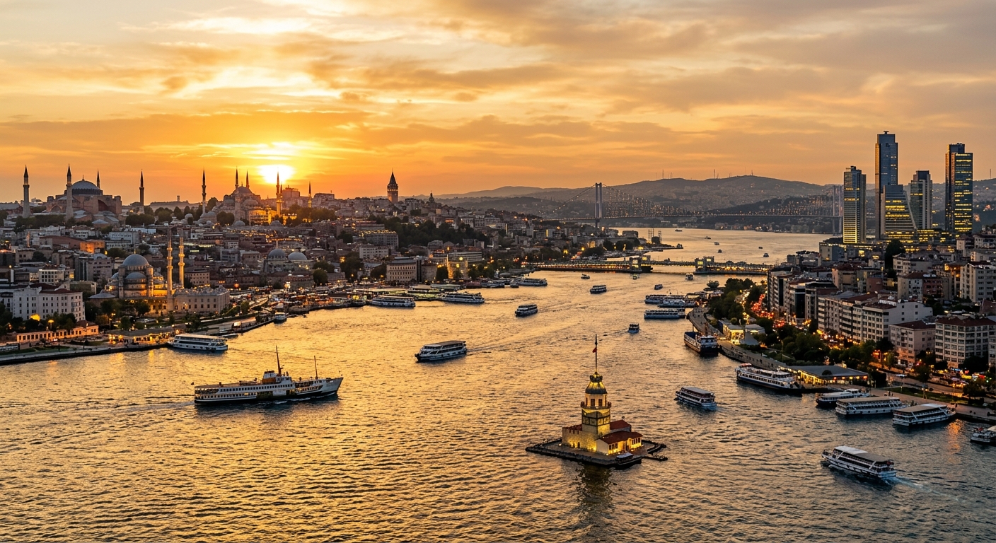Istanbul panoramic cityscape at sunset, Bosphorus strait with ferries, minarets and modern skyscrapers, European and Asian sides visible, golden light reflecting on water