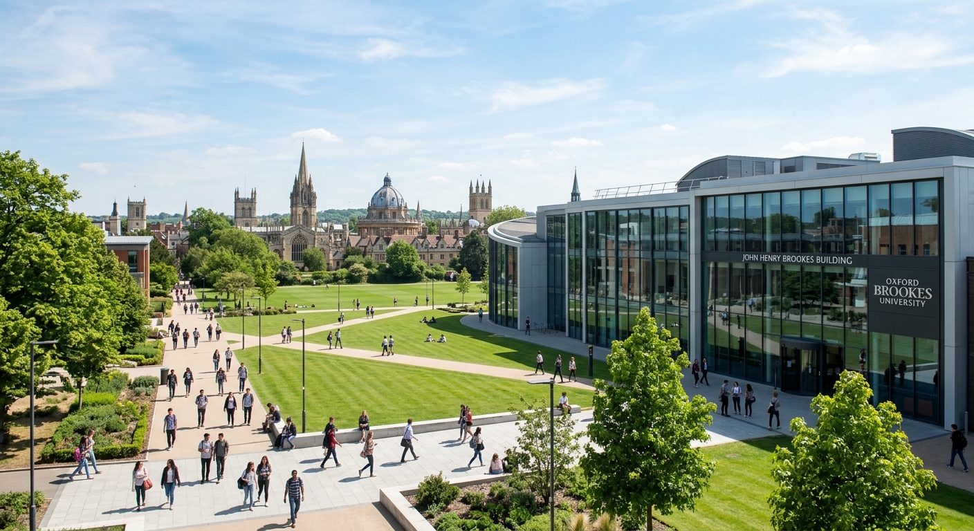 Oxford Brookes University Headington Campus wide-shot, modern John Henry Brookes Building with glass facade, green lawns, students walking, Oxford skyline in background, bright daylight