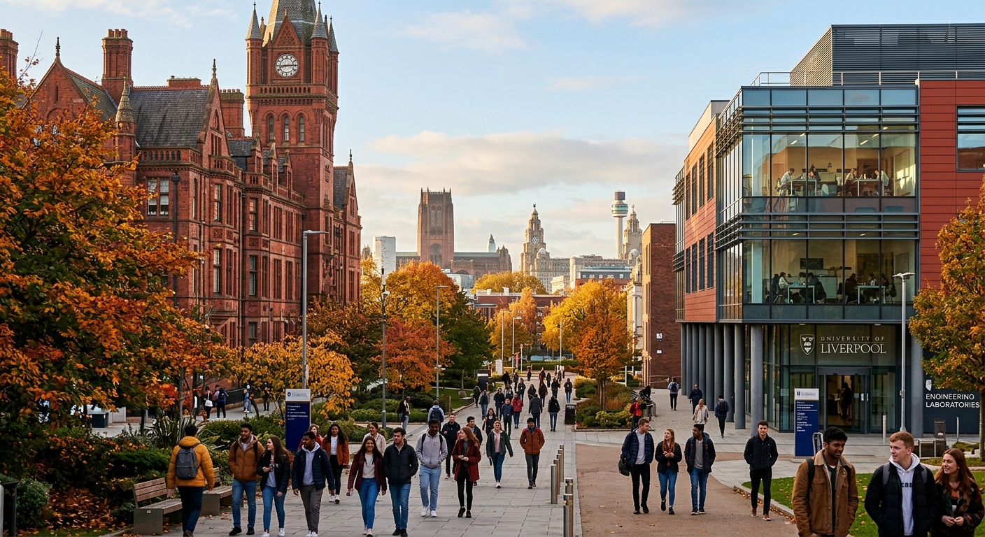 University of Liverpool redbrick campus buildings with modern engineering laboratory facilities, students walking through campus grounds, Liverpool city skyline visible in background, autumn sunlight
