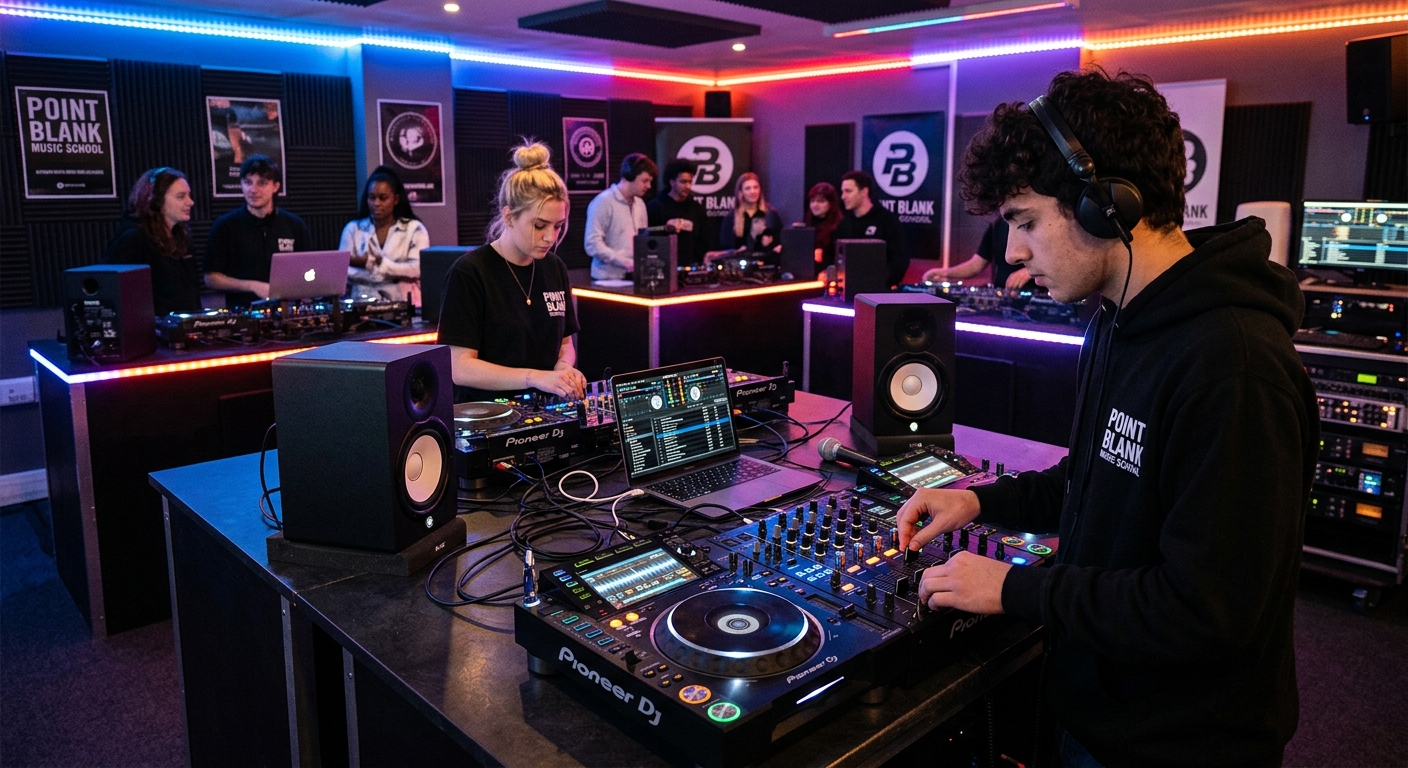Point Blank Music School DJ performance studio, Pioneer DJ equipment, CDJs and mixers on a desk, colorful LED lighting, students practicing DJ sets
