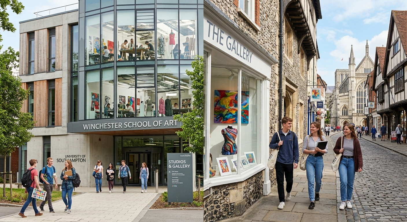 Winchester School of Art campus building with modern purpose-built studios, students walking through the historic Winchester city centre, creative artworks displayed in gallery windows, bright daylight