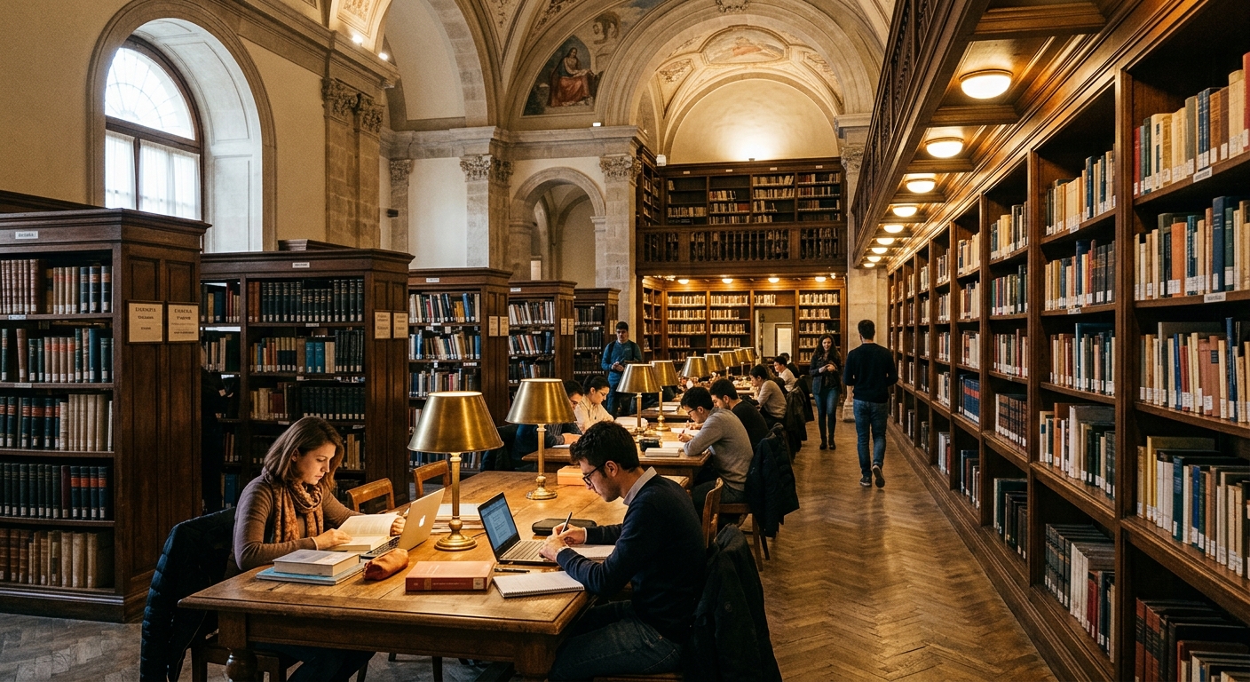 University of Salento library interior, rows of bookshelves, students studying at desks, warm lighting in a classical Italian reading room