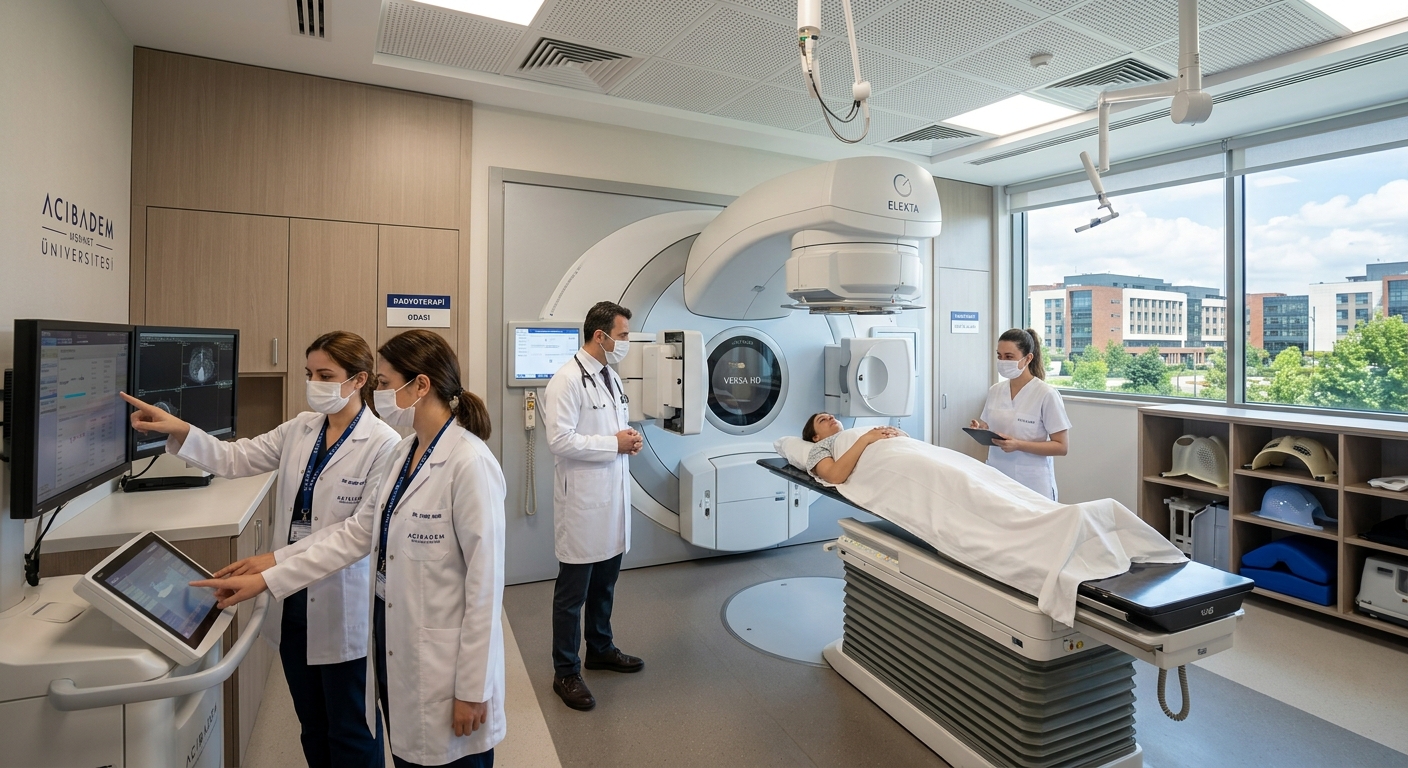 Modern radiotherapy treatment room with linear accelerator equipment, medical professionals in white coats, high-tech hospital setting at Acıbadem University campus in Istanbul, Turkey