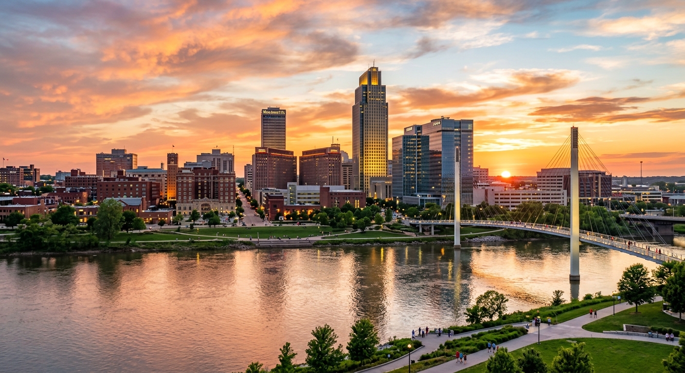 Omaha Nebraska downtown skyline at sunset, Missouri River in foreground, modern skyscrapers and historic buildings, warm golden light reflecting off glass towers, green riverfront parks