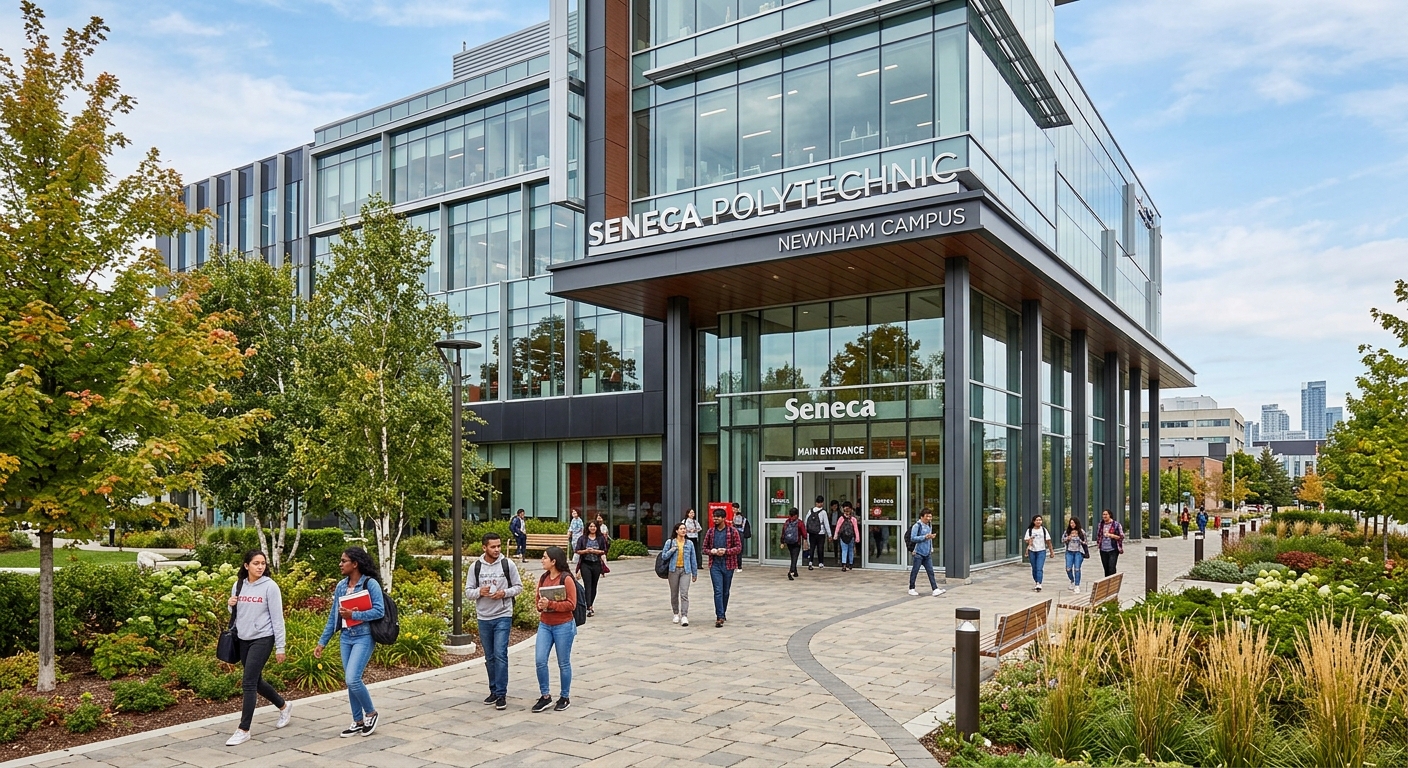 Seneca Polytechnic Newnham Campus main entrance, modern multi-storey academic building, glass facade, students entering through main doors, landscaped walkway