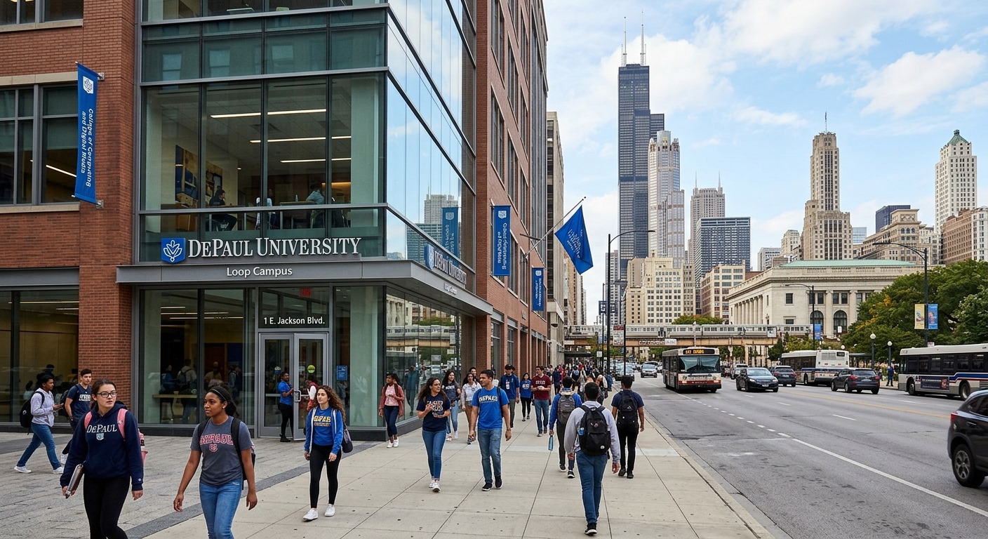 DePaul University Loop campus in downtown Chicago with modern glass buildings, students walking along South Michigan Avenue, Chicago skyline in background, urban academic setting