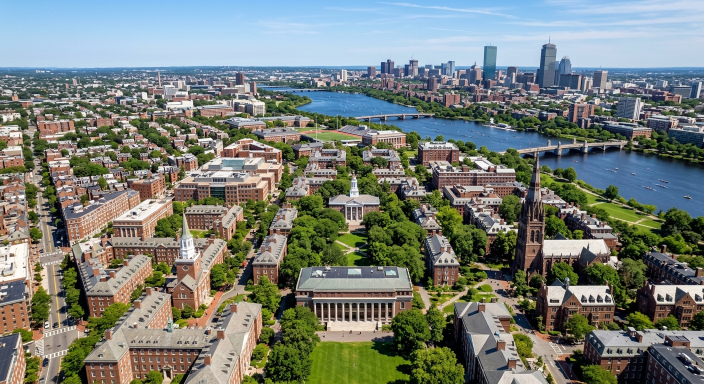 Aerial view of Harvard University campus in Cambridge Massachusetts, historic red brick buildings surrounding Harvard Yard, green lawns and mature trees, Charles River visible in the background, clear blue sky