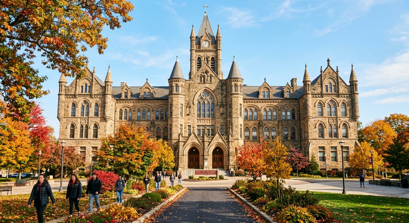 Seton Hill University Administration Building, historic Gothic stone architecture, arched windows, tree-lined walkway, sunny autumn day with colorful foliage