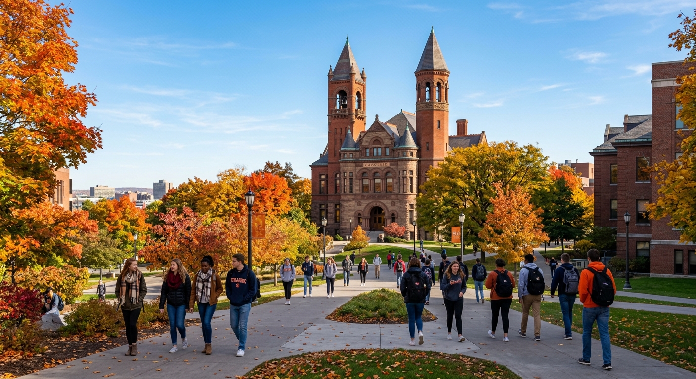 Syracuse University campus in autumn with orange and red foliage, Carnegie Building in background, students walking on pathways, clear blue sky over Syracuse New York