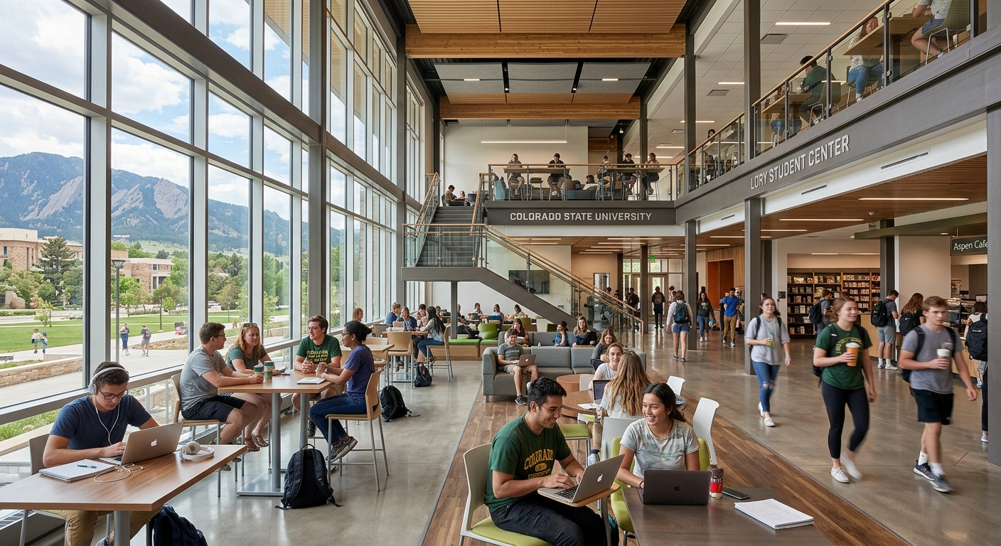 Colorado State University Lory Student Center modern interior with students studying and socializing, large windows and contemporary design