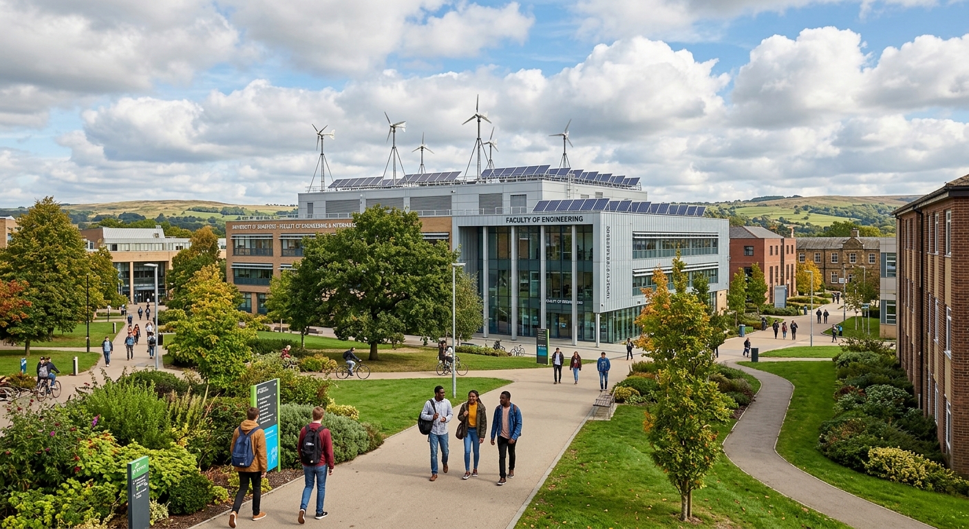 University of Bradford campus in West Yorkshire with modern engineering faculty building, wind turbines and solar panels visible on rooftops, green landscaped grounds, students walking between buildings under a partly cloudy British sky