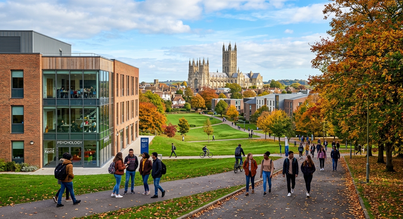 University of Kent Canterbury campus with historic cathedral in background, green parkland setting, modern psychology building, students walking on tree-lined pathways, bright autumn day