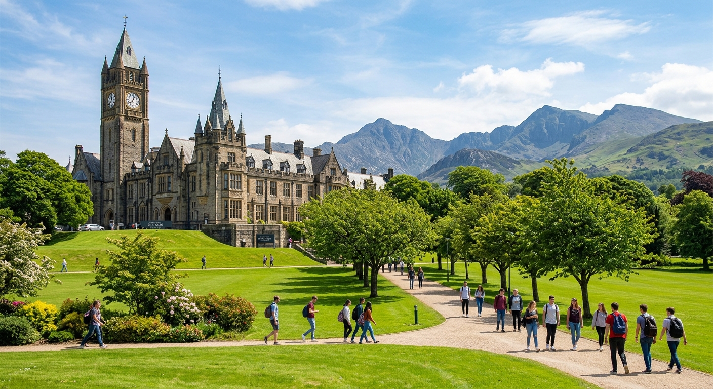 Bangor University campus with historic Main Arts building and clock tower, set against the backdrop of Snowdonia mountains and lush green grounds, students walking along tree-lined paths on a bright day