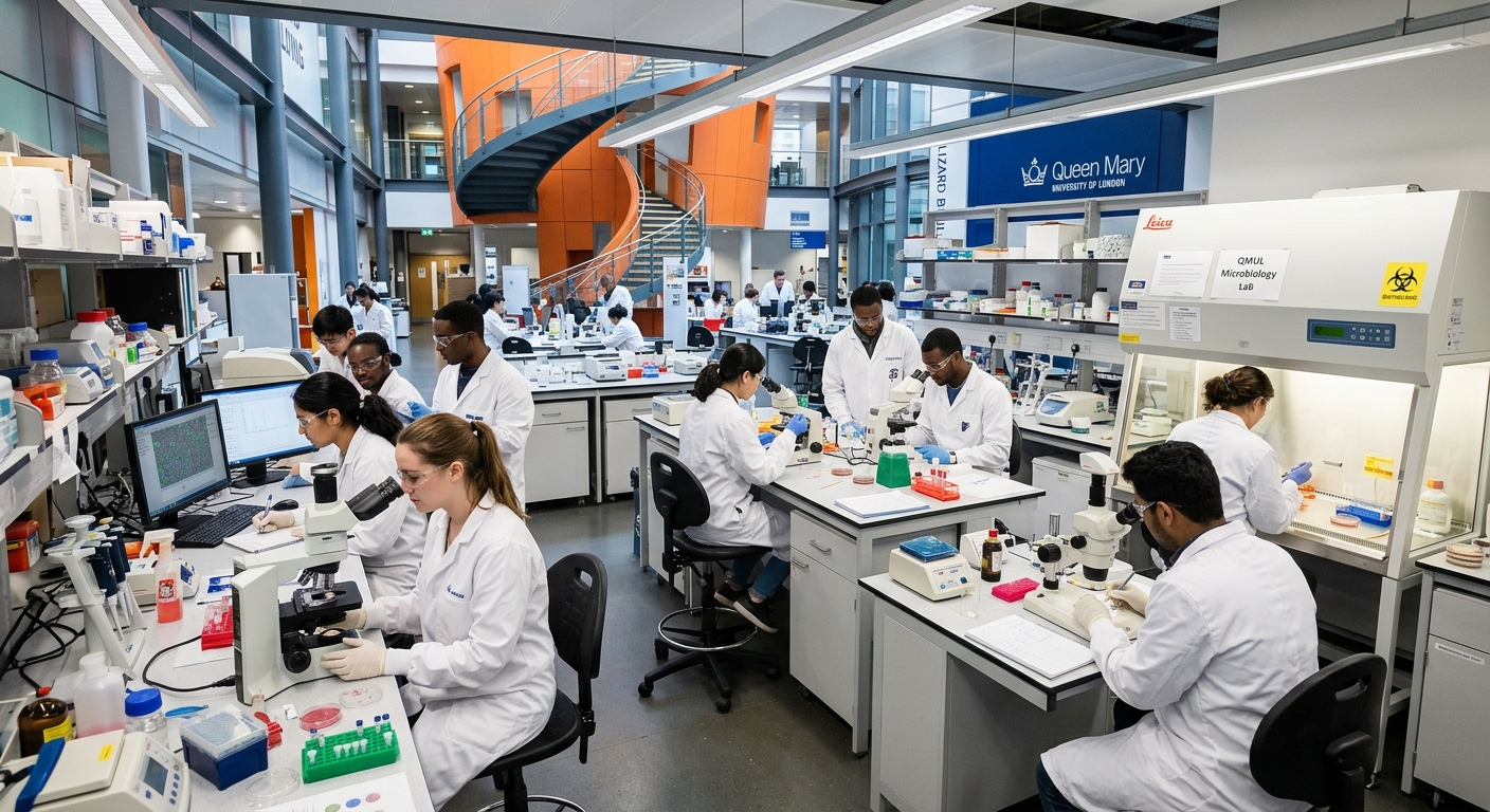 Modern biomedical science laboratory at Queen Mary University of London with students in white lab coats working at microscopes and clinical microbiology benches, bright fluorescent lighting, Blizard Building interior