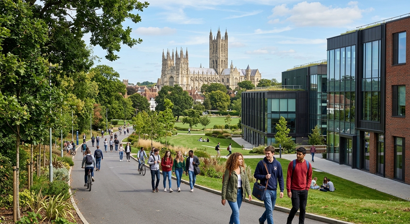 University of Kent Canterbury campus with modern science buildings, green parkland, and Canterbury Cathedral visible in the background, students walking along tree-lined pathways