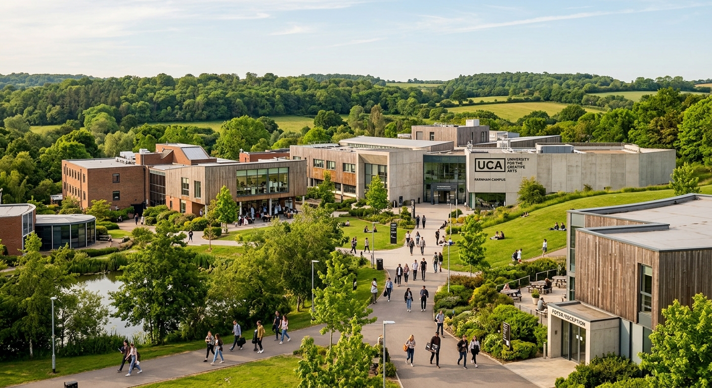 University for the Creative Arts Farnham campus wide shot, modern creative arts buildings surrounded by green Surrey countryside, students walking between studios, warm natural daylight